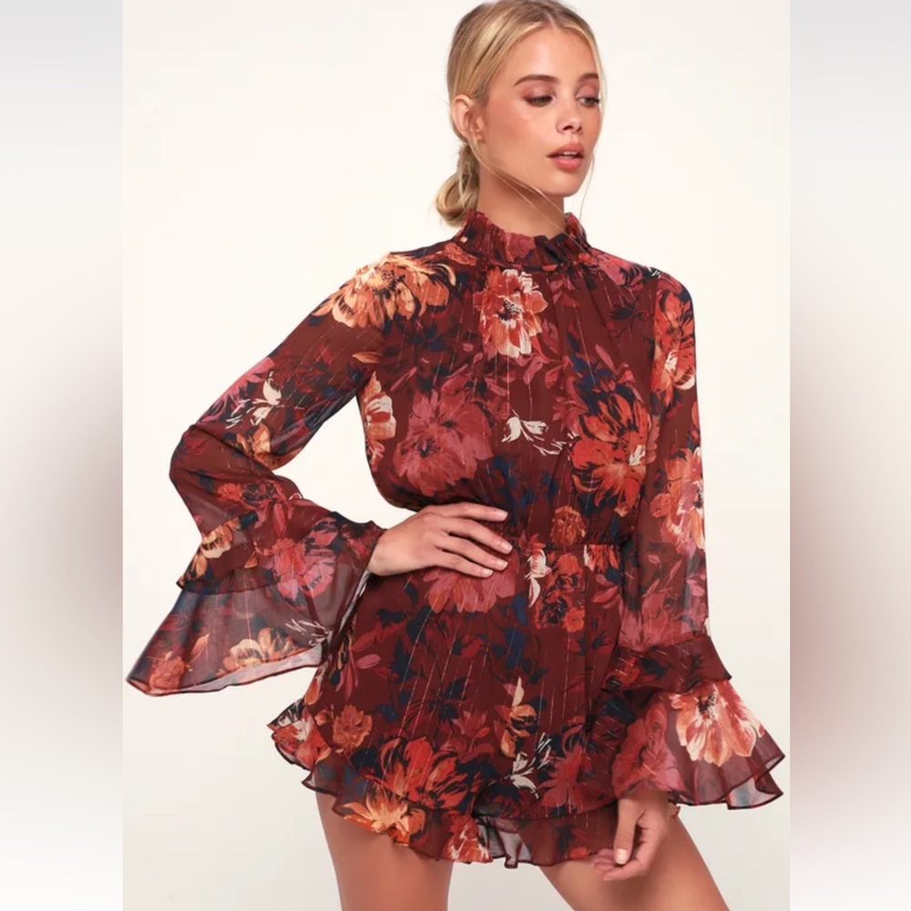 Lulu's Rust Floral Long-Sleeve Ruffle Romper